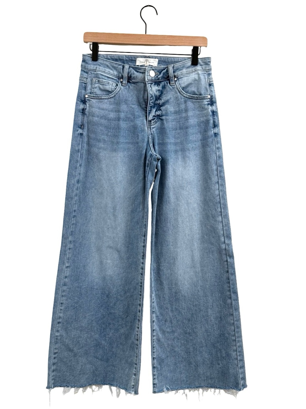 Risen Wide Leg Frayed Hem Jeans in Light Blue